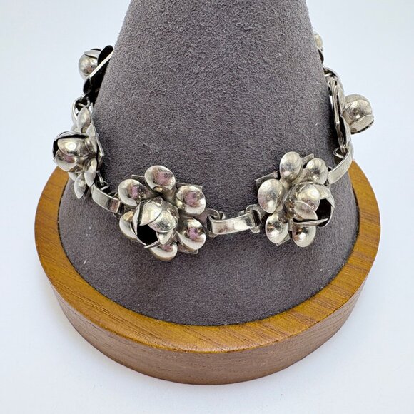 VTG Sterling Silver 925 Puffed Flower Design Link Bracelet Size 7.5" Length - Picture 2 of 11